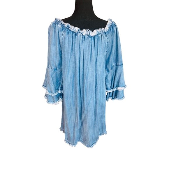 Boston Proper Denim L Blue Off-Shoulder Denim Ruffled Bell Sleeve Dress Cowgirl - Picture 4 of 11